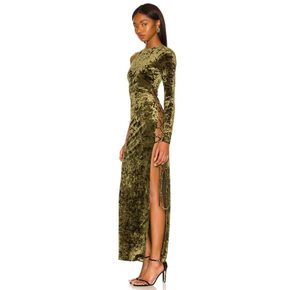 Camila Coelho Gabriel Velvet Maxi Dress Asymmetric Lace Up Cut Out Olive Size S - Picture 3 of 15